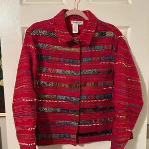 Vintage Coldwater Creek Holiday Magic Red Lined Patchwork Tapestry Jacket PXL